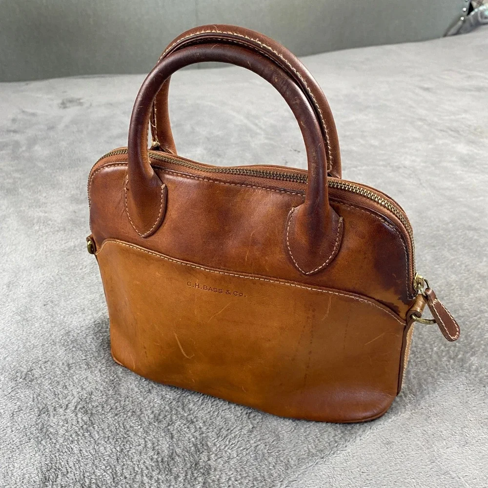 Vintage G.H. Bass Co Satchel Bag M Tan Leather Dome Style Patina Brass Hardware